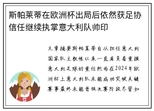斯帕莱蒂在欧洲杯出局后依然获足协信任继续执掌意大利队帅印
